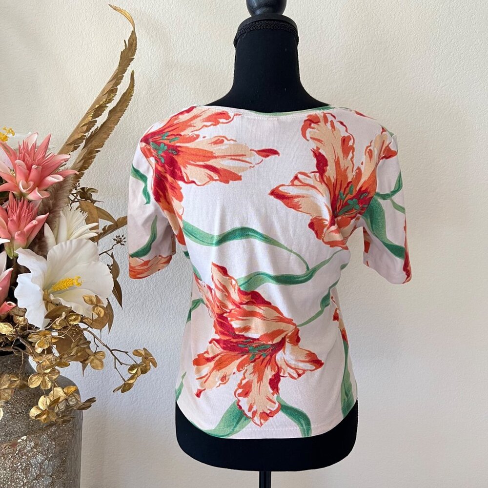 Y2K Vintage St. John’s Bay Orange & White Floral Top 100% Cotton Tailored Waist - Picture 3 of 8